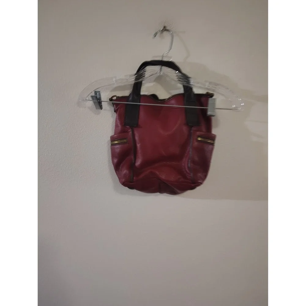 Fossil Burgundy Red Pebbled Leather Satchel Bag Brown Trim Gold Hardware